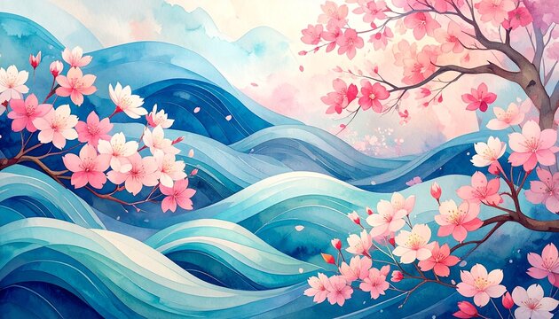 満開の桜が舞い散る中、青い波が重なり合う和風ファンタジー背景。日本の春を華やかに表現した水彩イラストで、桜と海の調和が美しいデザイン素材。和風、春、入学、卒業、季節イベント、背景バナーにも最適。