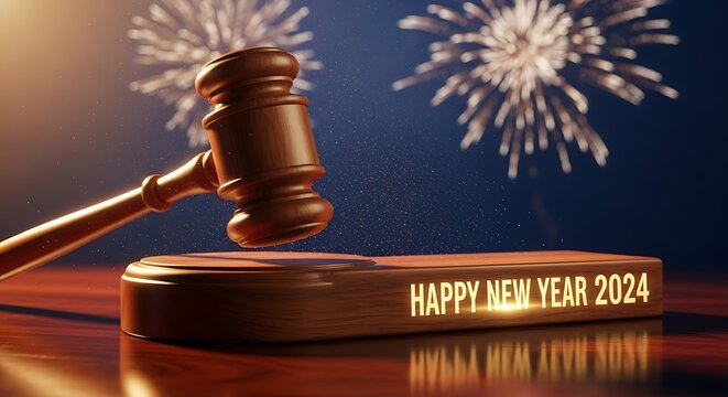 Justice and celebration gavel with happy new year 2024 and fireworks display