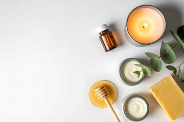 Flat lay of spa and wellness products with candle and honey beauty skincare