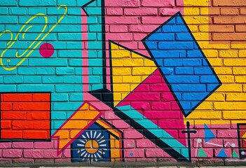 Obraz premium Vibrant geometric shapes & bold lines on textured brick wall Abstract Memphis-style street art, brick wall, pattern