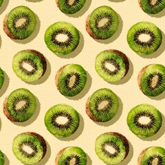 Close-Up of Sliced Kiwi Fruit in a Seamless Pattern on a Soft Yellow Background, Watercolor Style