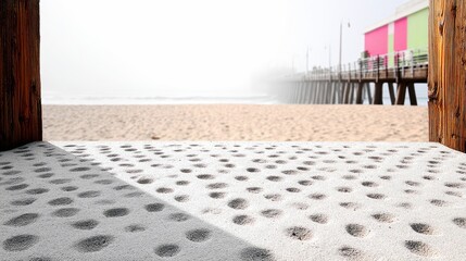 A view of a sandy beach with a pier in the background, framed by wooden structures, with a foggy atmosphere.