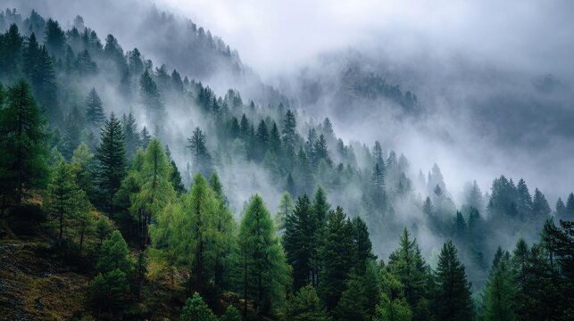 A forest with a misty, foggy atmosphere. The trees are tall and dense, creating a sense of depth and mystery. The fog adds an ethereal quality to the scene, making it feel almost otherworldly