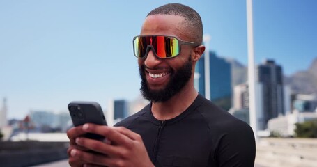 Fitness, phone and smile with black man in city for health stats, workout guide and tracking performance. Exercise app, training route and sunglasses with person outdoor for wellness and contact