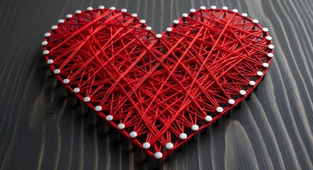Handmade red string art heart with white pearl embellishments on dark wood background