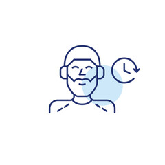 Man in headphones and clock. Timed podcasts and audio listening. Pixel perfect, editable stroke vector icon