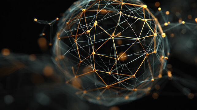Abstract 3d sphere with interconnected lines and nodes, symbolizing a big data futuristic digital network .Digital Artificial Intelligence background with particles. 3D wireframe geometric sphere - Powered by Adobe