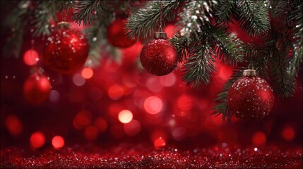 A red background with three red Christmas ornaments hanging from a tree. The background is blurry and the ornaments are shiny