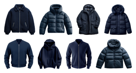 PNG Variety of stylish winter jackets, element set on transparent background