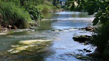 Obraz premium A river with a greenish tint and some rocks in the water. The water is calm and the sun is shining on it
