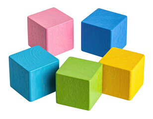 Five colorful wood cubes clustered, overhead view