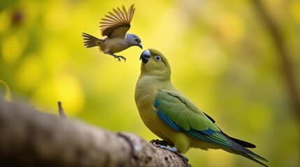 Fototapeta premium Two birds interacting on a branch with a soft yellow background