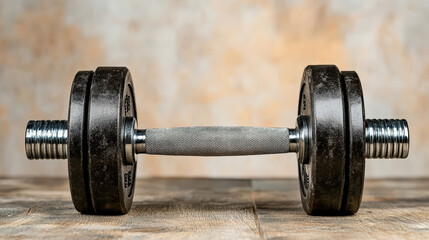 Fototapeta premium Adjustable dumbbell on wooden floor with warm light and textured background