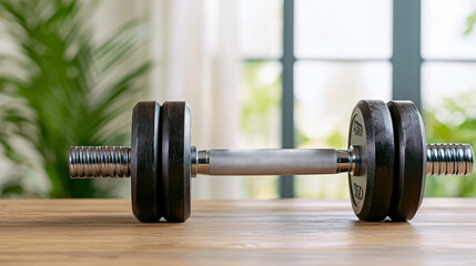 Naklejka premium Adjustable dumbbell on wooden table near window with soft natural light