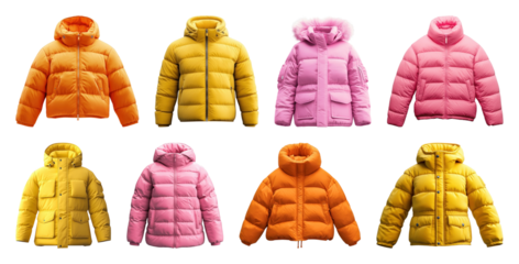 PNG Colorful puffer jackets for winter, element set on transparent background