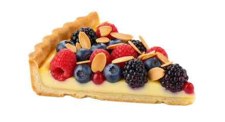Delicious berry tart slice isolated PNG, fresh fruit dessert with raspberries, blueberries, and blackberries on transparent background