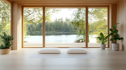 Fototapeta premium Serene lakeside meditation space with floor cushions, wooden interior and large window