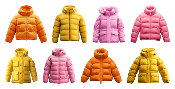 PNG Colorful puffer jackets for winter, element set on transparent background
