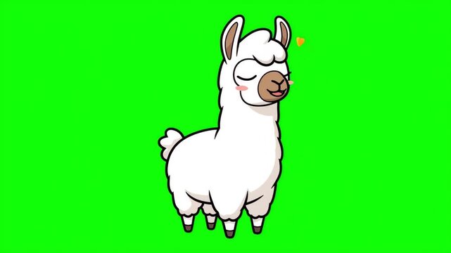 Cute Cartoon White Llama Alpaca Smiling Character Loop on Green Screen Chroma Key Background for Kids Videos