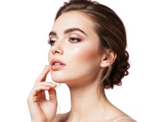 Close up profile of a thoughtful young woman touching her glowing skin