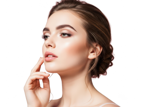 Close up profile of a thoughtful young woman touching her glowing skin