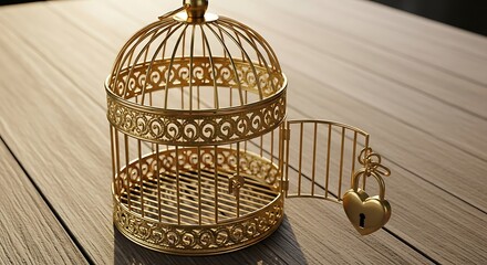 Ornate golden birdcage with open door and heart latch on a rustic wooden surface