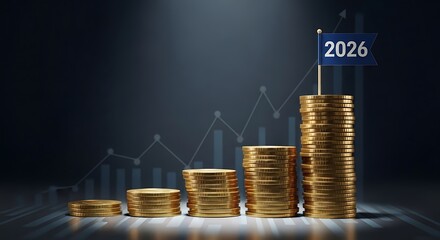 Golden coins stacked in ascending bars representing financial growth towards the future year 2026
