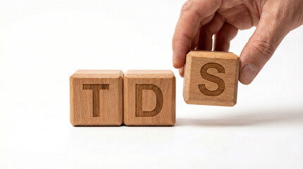 Wooden alphabet cubes forming tds with hand positioning final cube on white background
