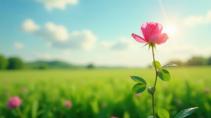 A single pink rose blossoms vibrantly in a sunlit field, its delicate petals catching the golden light, a serene landscape extending gently into the horizon