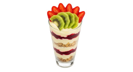 Delicious layered parfait with strawberries and kiwi isolated PNG, healthy dessert with granola, yogurt and jam on transparent background