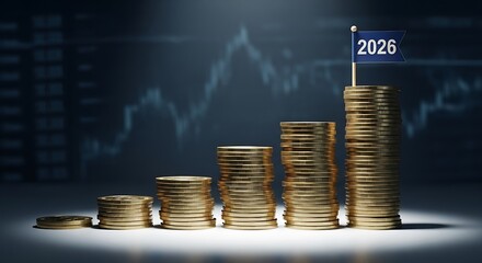 Golden coin stacks ascend with a 2020 flag symbolizing financial growth and economic progress