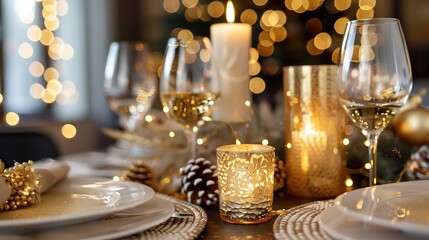 Luxury New Year 2026 dinner setup with golden candles wine glasses and elegant decorations