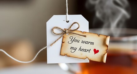 Steaming cup of tea with a heartfelt message tag you warm my heart