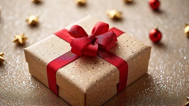 Gift box with red ribbon and festive decorations
