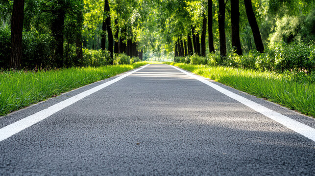 Tree lined asphalt path with sunlit grass and serene green canopy - Powered by Adobe