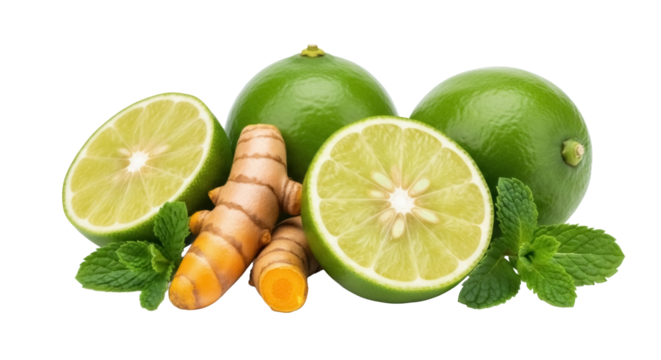 Fresh limes, turmeric root, and mint leaves isolated PNG, vibrant green citrus fruits and golden spice for healthy cooking and natural remedies - Powered by Adobe