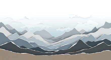 Abstract watercolor landscape art depicting layered mountain ranges in cool blue and gray tones