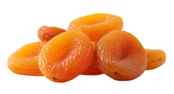 Pile of vibrant orange dried apricots isolated PNG, sweet and chewy fruit snack on transparent background, healthy eating concept