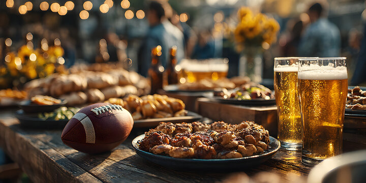 Football tailgate scene with food and drinks before. Gridiron pregame gathering victuals beverage enjoyment festive occasion sporty celebration outdoor recreation nourishment