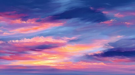 Naklejka premium A painting of a sky with a pink and blue sunset. The sky is filled with clouds and the sun is setting. The painting has a serene and peaceful mood