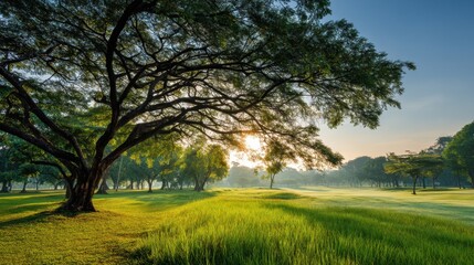 Obraz premium A large tree stands in a lush green field, with the sun shining brightly through its branches. The scene is peaceful and serene, with the sun casting a warm glow over the grass and trees