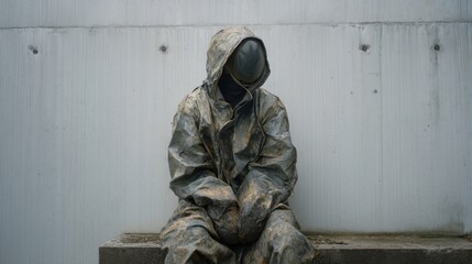 A man in a dirty suit sits on a bench. He is wearing a hooded jacket and a helmet. The man is in a state of distress or contemplation