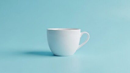 White porcelain cup on pastel blue background with clean soft shadows, product photography for fresh minimalist branding