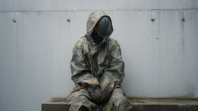 A man in a dirty suit sits on a bench. He is wearing a hooded jacket and a helmet. The man is in a state of distress or contemplation - Powered by Adobe