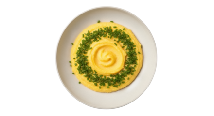 Creamy polenta with chives isolated PNG on transparent background, delicious Italian side dish for healthy eating and gourmet cuisine