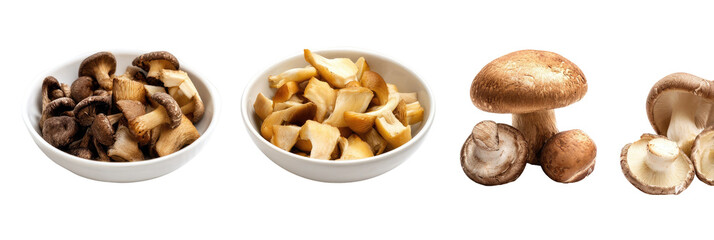 Assorted mushrooms displayed in bowls and whole. Contains sliced and whole fresh fungi