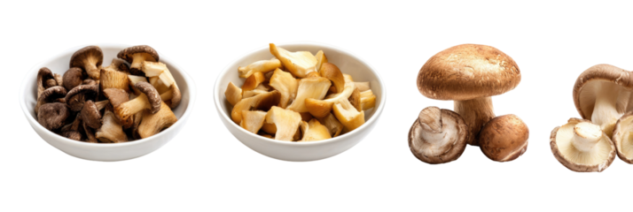 Assorted mushrooms displayed in bowls and whole. Contains sliced and whole fresh fungi