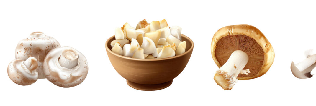 Variety of mushrooms whole, sliced, in a bowl, and the underside of a cap are shown