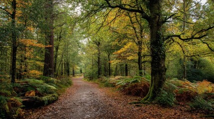 Obraz premium A path through a forest with trees that are full of leaves. The leaves are orange and yellow, and the trees are tall. The path is surrounded by trees, and there is a sense of peace
