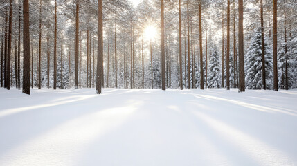 Fototapeta premium Snowy pine forest morning sunlight casting long shadows across fresh snow